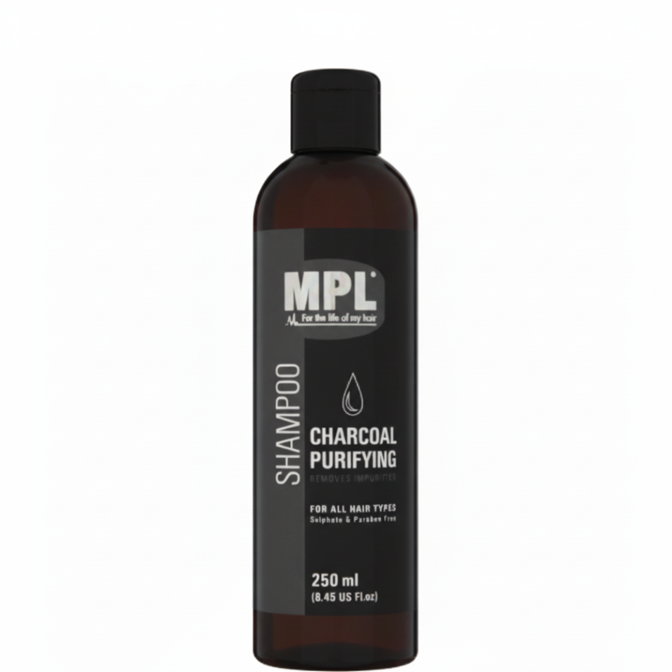 mpl charcoal purifying shampoo 250ml detox purify all hair types scalp cleansing shampoo removes buildup and oil for fresh clean hair