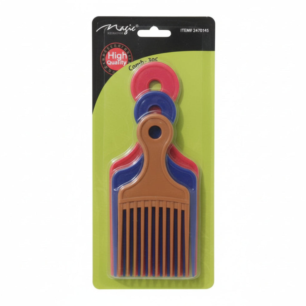 Magic Collection plastic pik comb 3pc set for afro curly hair detangling lifting and styling control