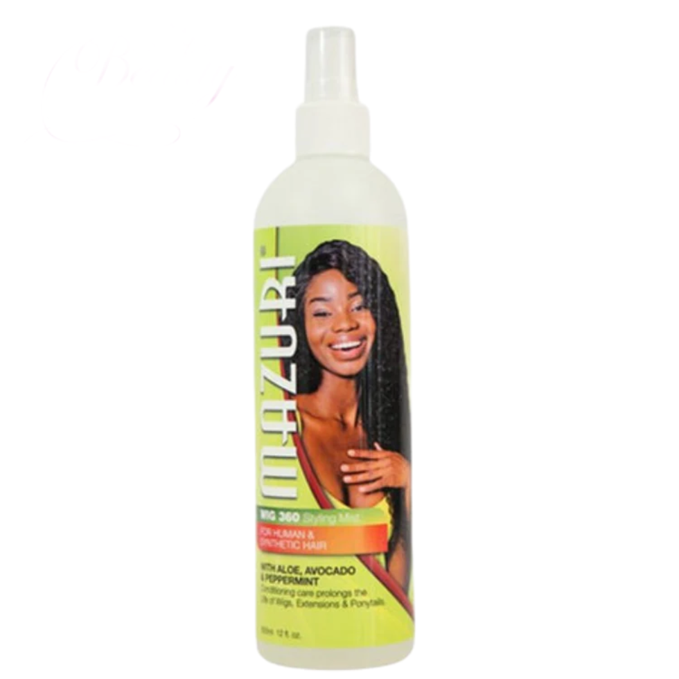 Mazuri 360 Wig Styling Mist 355ml hydrates, refreshes, and adds shine to wigs with aloe, avocado & peppermint for a soft, natural-looking finish.