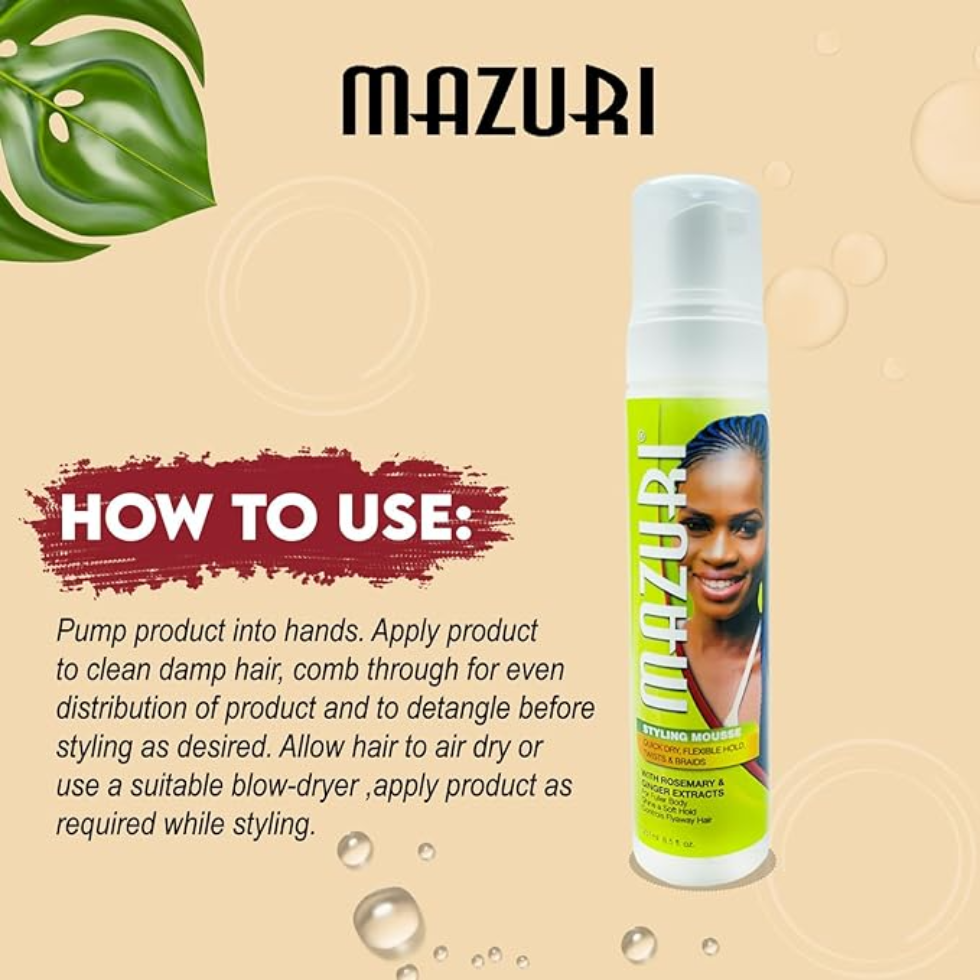 mazuri styling mousse rosemary ginger extract 237ml smooth volumize hair foam for frizz free bouncy defined and voluminous hairstyles