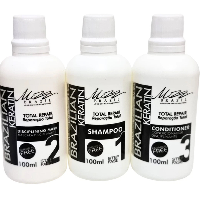 Mizz Brazil Total Repair Keratin Kit 3x100ml anti frizz smoothing hair repair treatment system.