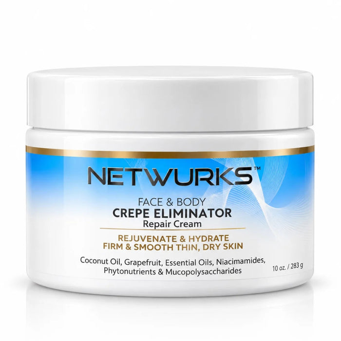 Front-facing product image of Netwurks face and body crepe eliminator repair cream 283g/10 fl.oz, a rich moisturising cream designed for dry, rough and crepey-looking skin.