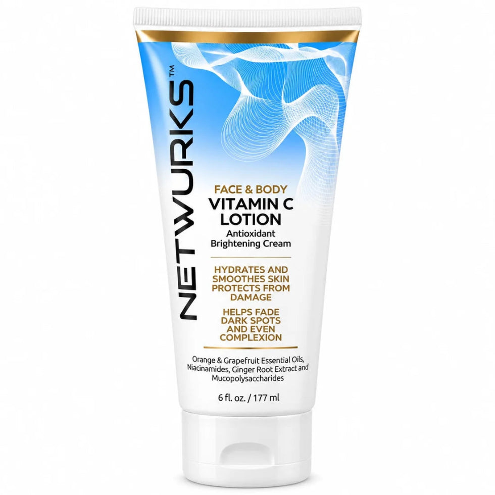 Front-facing product image of Netwurks face and body vitamin c lotion 177ml/6 fl.oz, a daily moisturising lotion designed to support brighter, smoother and more even-looking skin.
