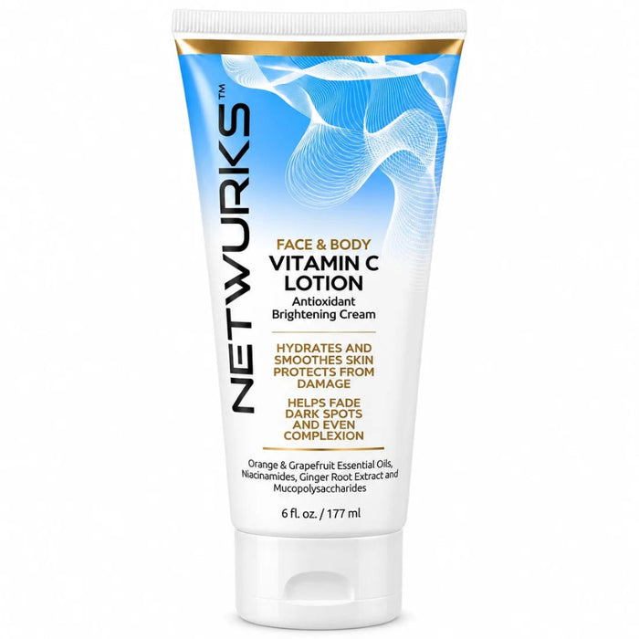 Front-facing product image of Netwurks face and body vitamin c lotion 177ml/6 fl.oz, a daily moisturising lotion designed to support brighter, smoother and more even-looking skin.