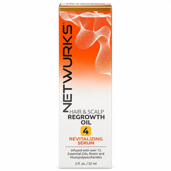 Front-facing product image of Netwurks hair and scalp regrowth oil 52ml/ 2 fl.oz, a concentrated conditioning oil for the hair, scalp and beard.