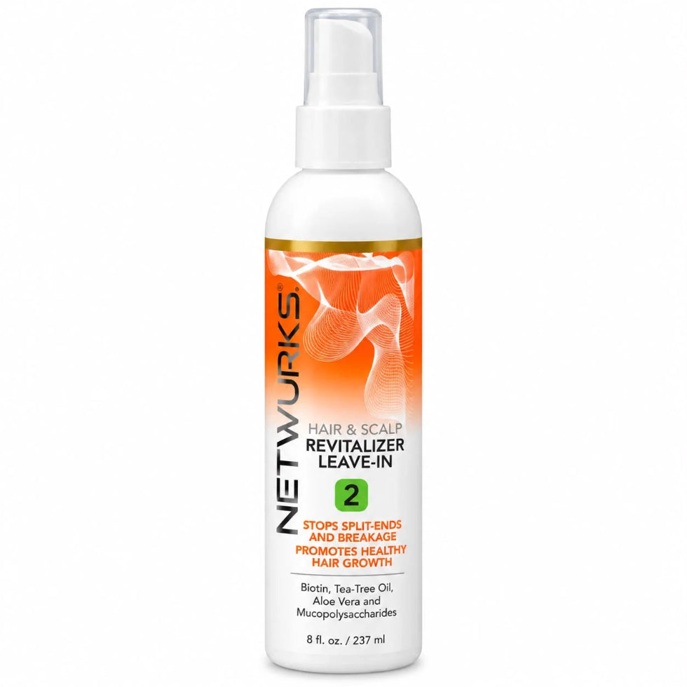 Front-facing product image of Netwurks hair and scalp revitalizer leave in 237ml/ 8 fl.oz, a lightweight leave-in treatment designed to moisturise and condition the hair and scalp.