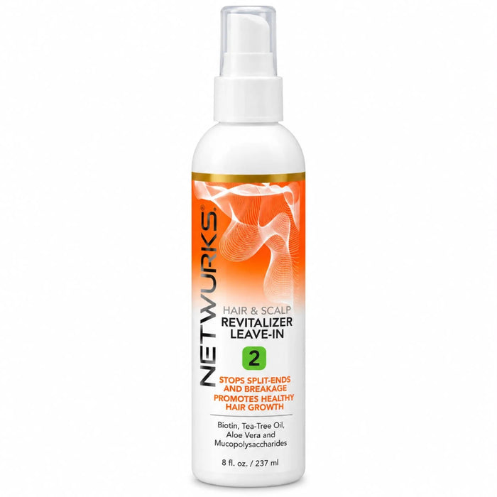 Front-facing product image of Netwurks hair and scalp revitalizer leave in 237ml/ 8 fl.oz, a lightweight leave-in treatment designed to moisturise and condition the hair and scalp.