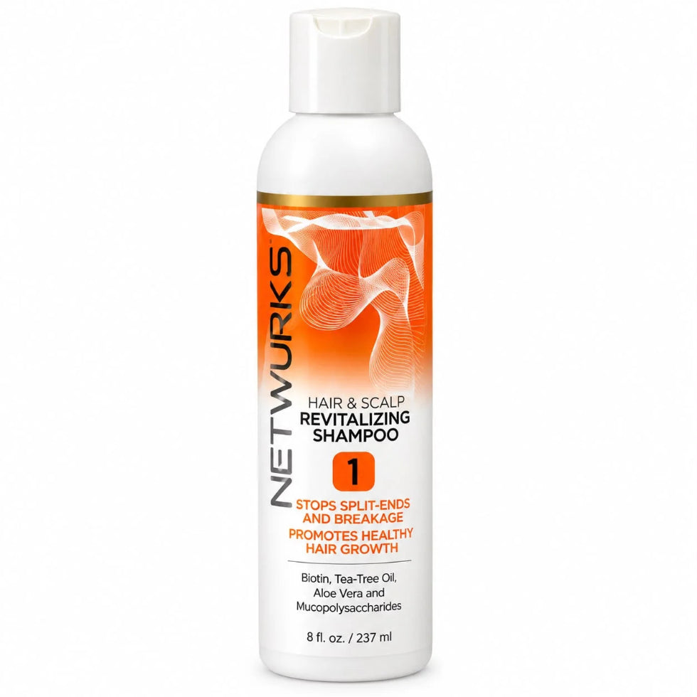 Front-facing product image of Netwurks hair and scalp revitalizing shampoo 237ml/ 8 fl.oz, a cleansing shampoo designed to refresh the hair and scalp while helping remove excess oil and product build-up.
