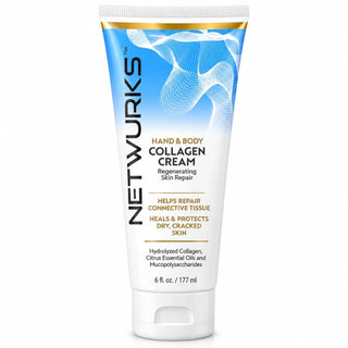 Front-facing product image of Netwurks hand and body collagen cream 177ml/6 fl.oz, a rich moisturising cream designed to soften dry, rough and weathered skin.