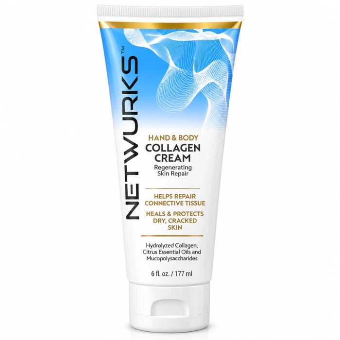 Front-facing product image of Netwurks hand and body collagen cream 177ml/6 fl.oz, a rich moisturising cream designed to soften dry, rough and weathered skin.