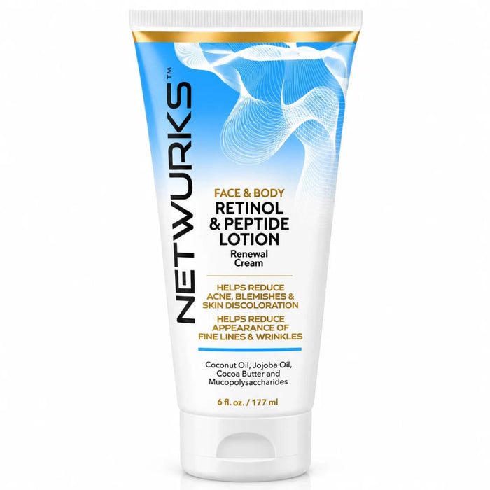 Front-facing product image of Netwurks face and body retinol & peptide lotion 177ml/6 fl.oz, a lightweight renewal lotion designed for smoother, firmer and more even-looking skin.