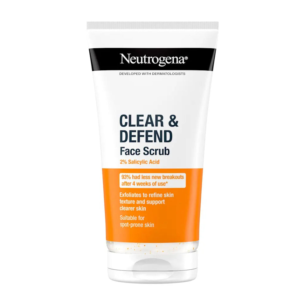 Neutrogena clear and defend 2 percent salicylic acid face scrub 150ml acne control exfoliating cleanser for clear smooth skin