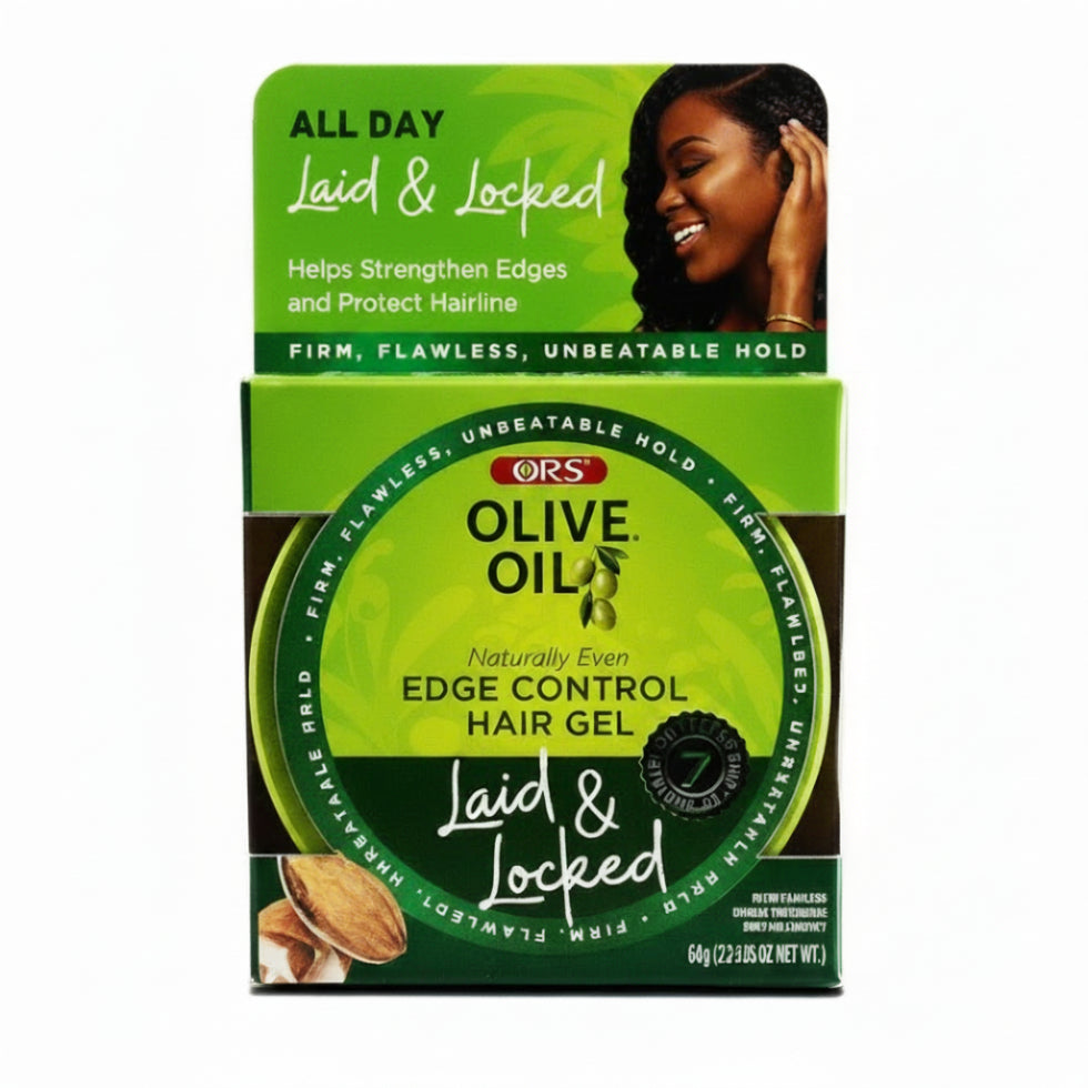 ors olive oil edge control hair gel laid and locked for sleek smooth shiny frizz free edges all day
