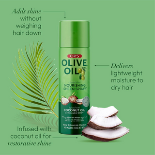 ors olive oil sheen spray with coconut oil for hydrated shiny frizz free soft smooth healthy hair