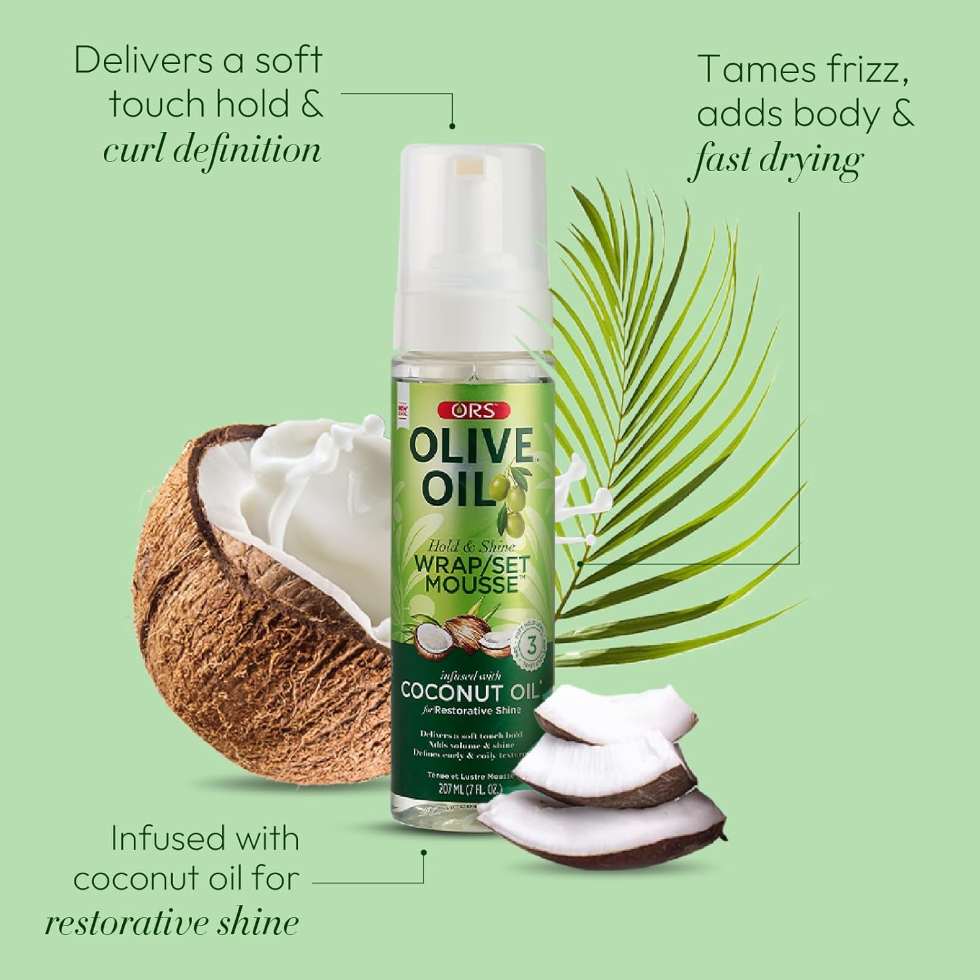 ors olive oil wrap set mousse 207ml for soft hold smooth styling and shiny frizz free hair