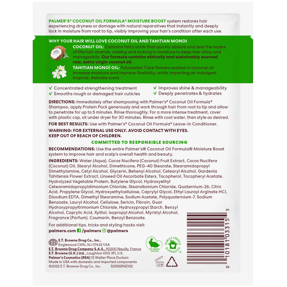 palmers coconut oil deep conditioning protein pack 60g repair strengthen damaged hair moisture shine smooth healthy hair treatment

