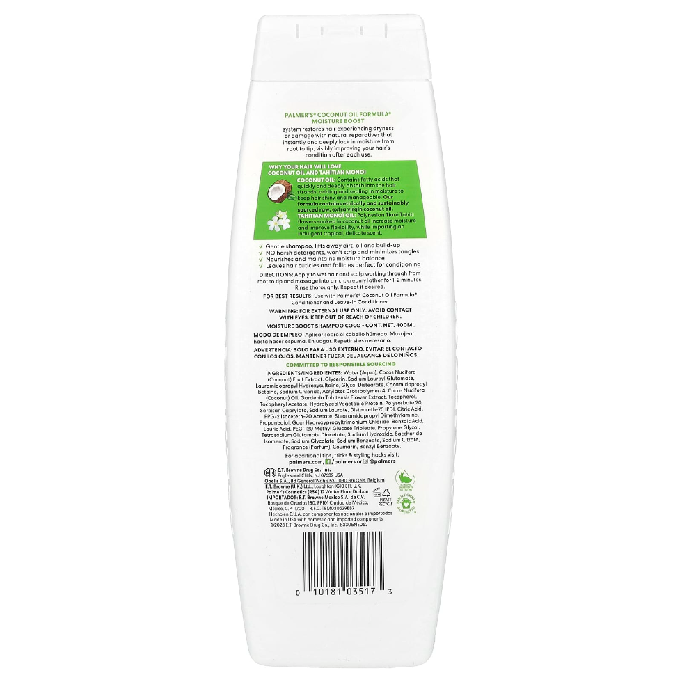 palmers coconut oil shampoo 400ml moisture boost dry damaged color treated hair hydration smooth soft hair
