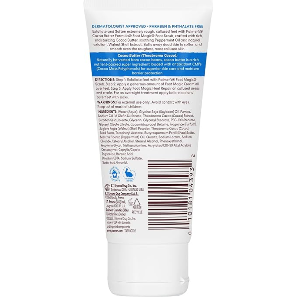 palmers foot magic cocoa butter exfoliating scrub 60g removes dead skin rough heels smooth soft feet peppermint refresh foot care
