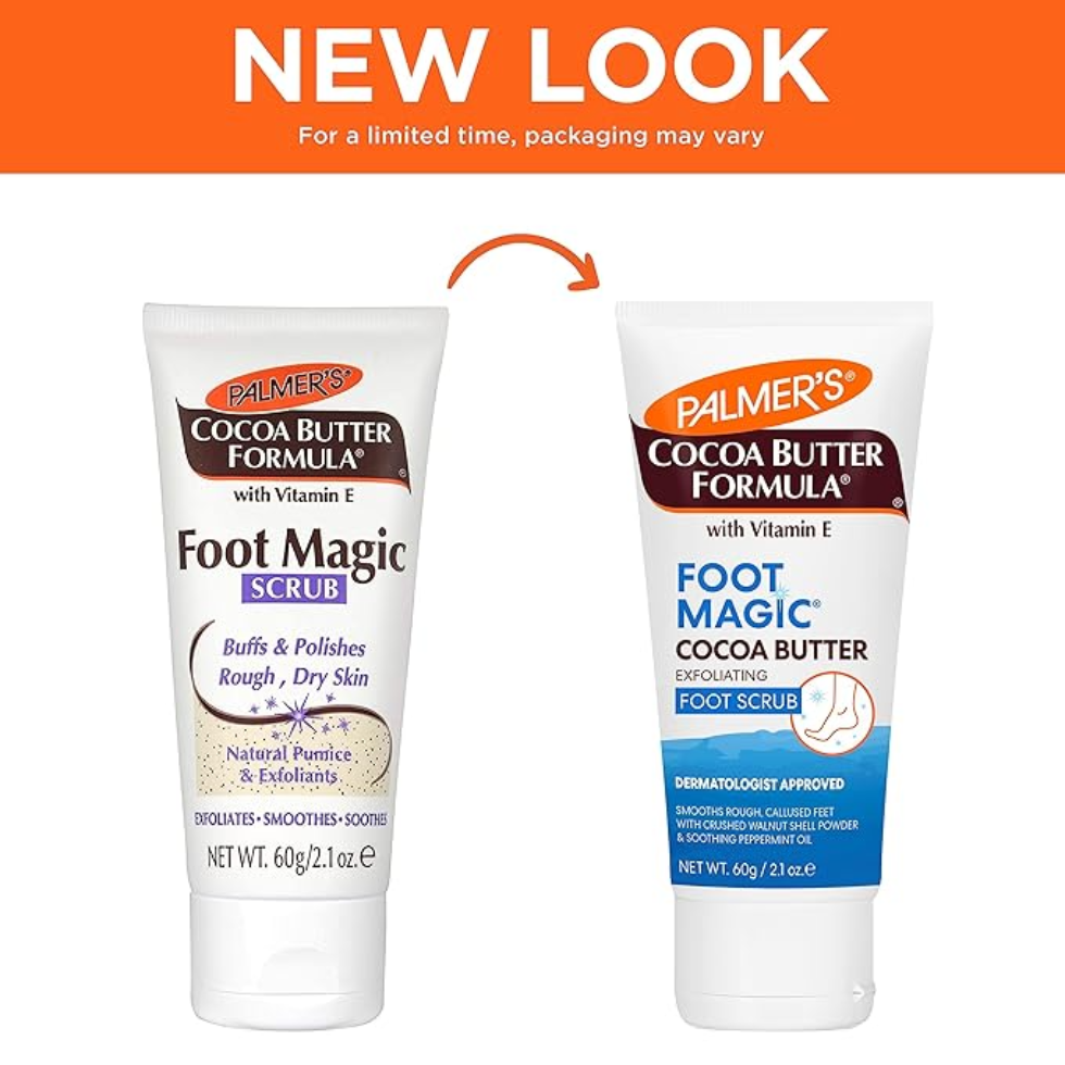 palmers foot magic cocoa butter exfoliating scrub 60g removes dead skin rough heels smooth soft feet peppermint refresh foot care
