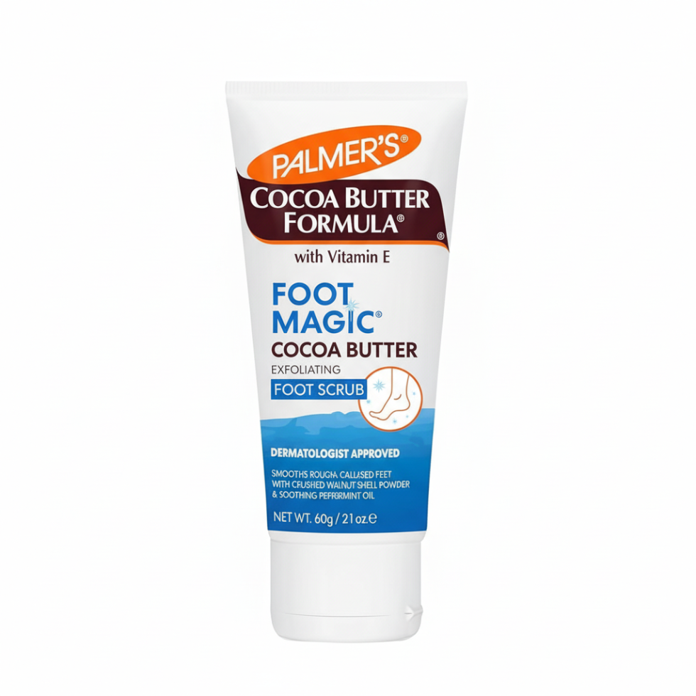 palmers foot magic cocoa butter exfoliating scrub 60g removes dead skin rough heels smooth soft feet peppermint refresh foot care
