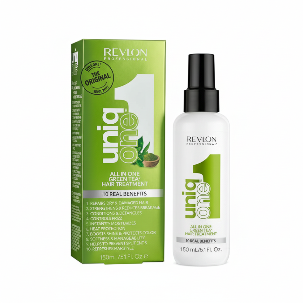 revlon uniq one green tea hair treatment repairs hydrates protects hair controls frizz adds shine