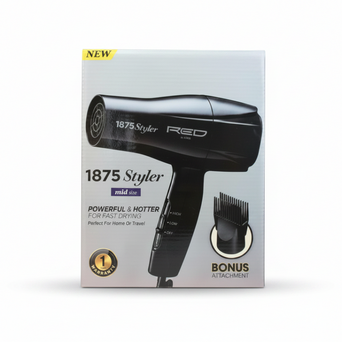 Red by Kiss 1875 Mid-Size Hair Dryer with Comb Attachment | Fast Dry Styling