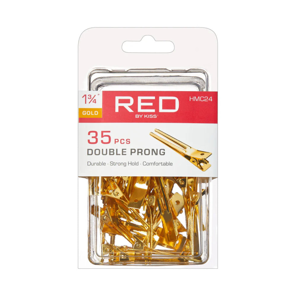 Red By Kiss hair clips gold double prong 1 3/4 inch professional salon sectioning grips 35 pack box