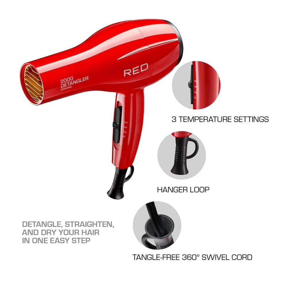 Red by Kiss 2000 dryer ceramic detangler hair dryer box with 3 styling attachments