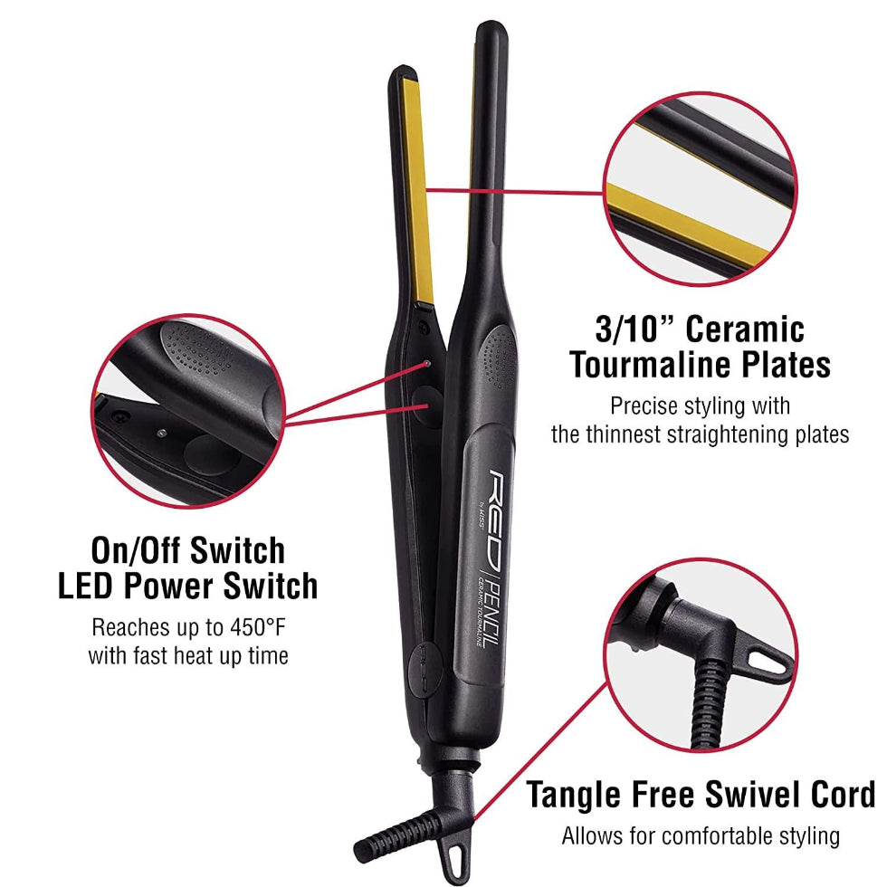 Red by Kiss pencil flat iron thin 3/10 inch ceramic tourmaline precision straightener box