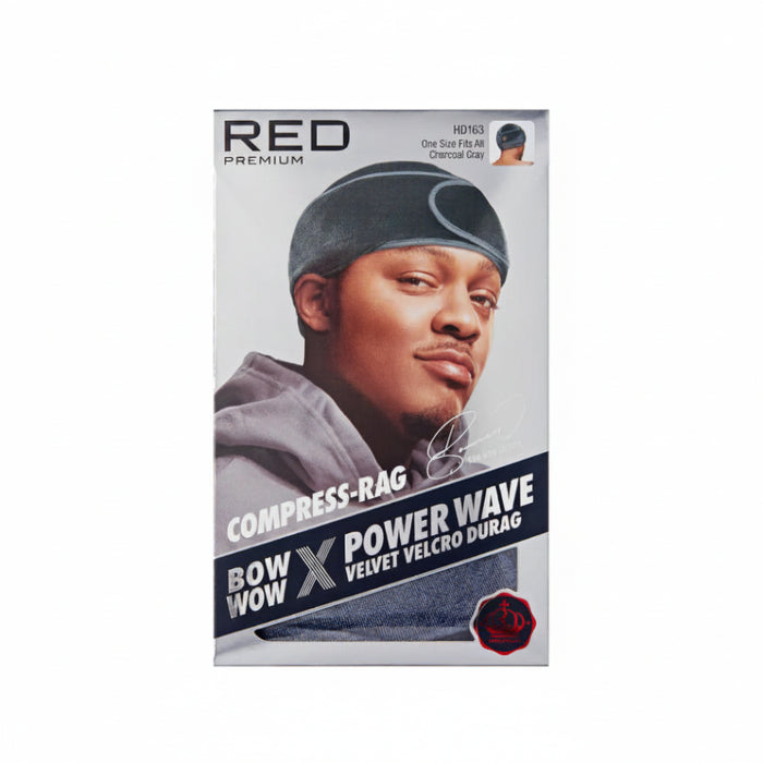 Red by Kiss Bow Wow velvet hook and loop fastener compression rag in charcoal gray for wave care.