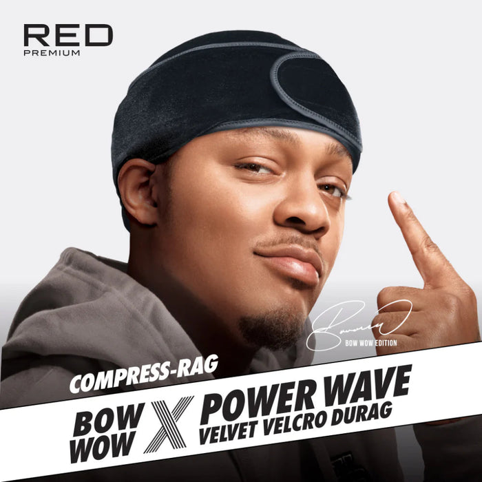 Red by Kiss Bow Wow velvet hook and loop fastener compression rag in charcoal gray for wave care.