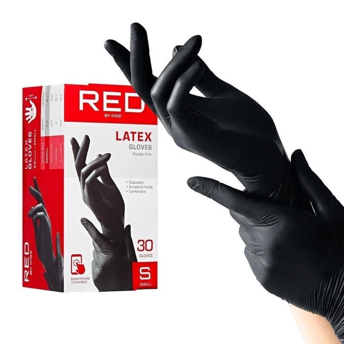 Red by Kiss Black Latex Gloves, 30-pack, for hair colour application.