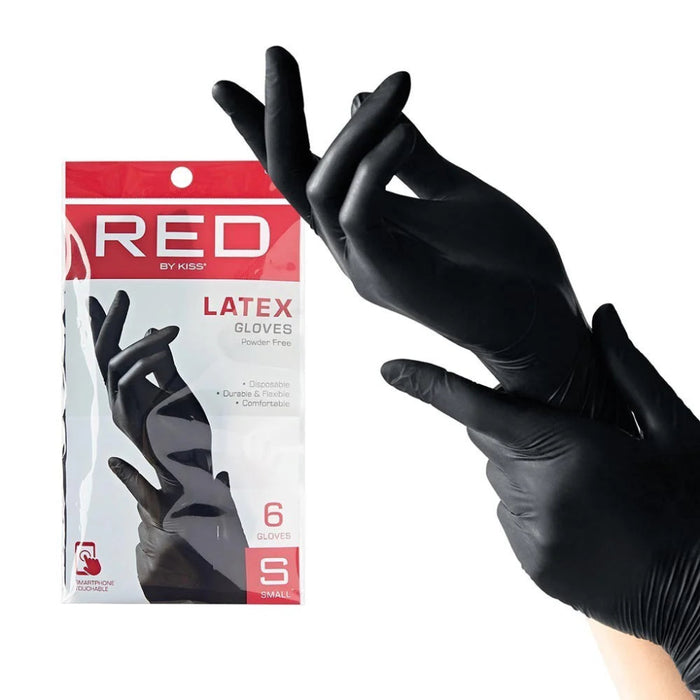 Red by Kiss Black Latex Gloves, 6-pack, for hair colour application.