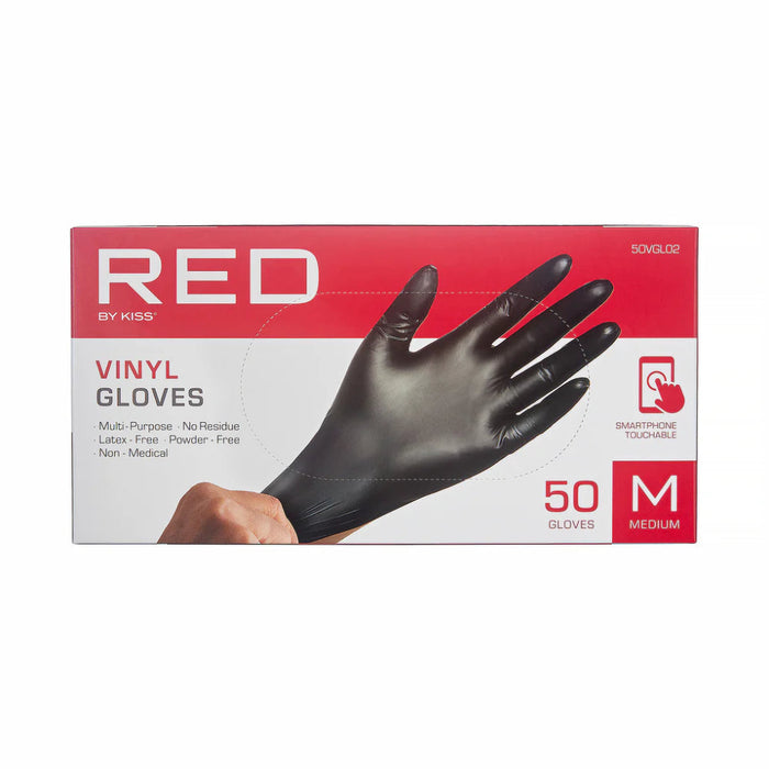 Red by Kiss Black Vinyl Gloves, 50-pack, for hair colour application.
