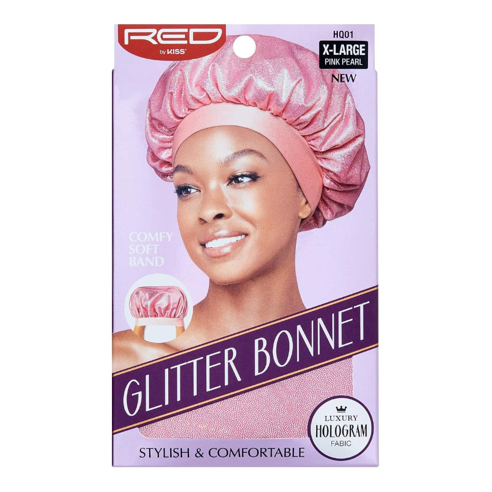 Red by Kiss Glitter Bonnet X-Large Pink Pearl holographic hair protection sleeping cap packaging