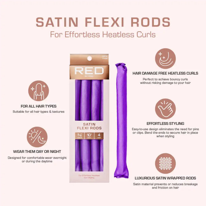 Red by Kiss satin flexi rods 10 inch purple flexible foam curling rollers 5 pack for heatless curls