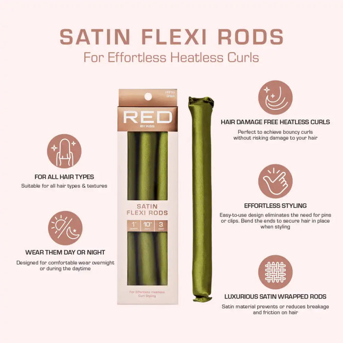 Red by Kiss satin flexi rods green flexible foam curling rollers pack for heatless curls