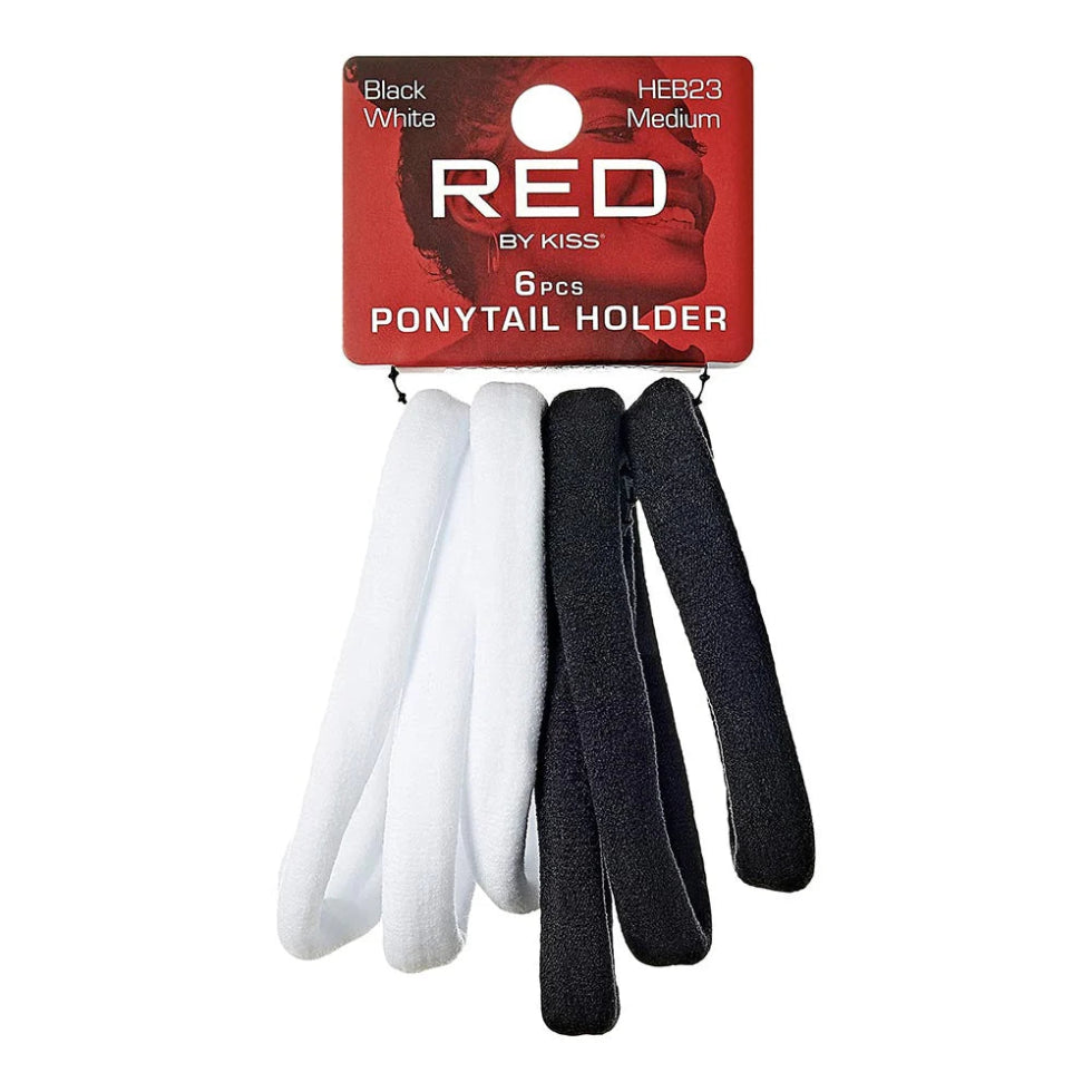Red by Kiss Medium Ponytail Holders in black and white, 6-pack.