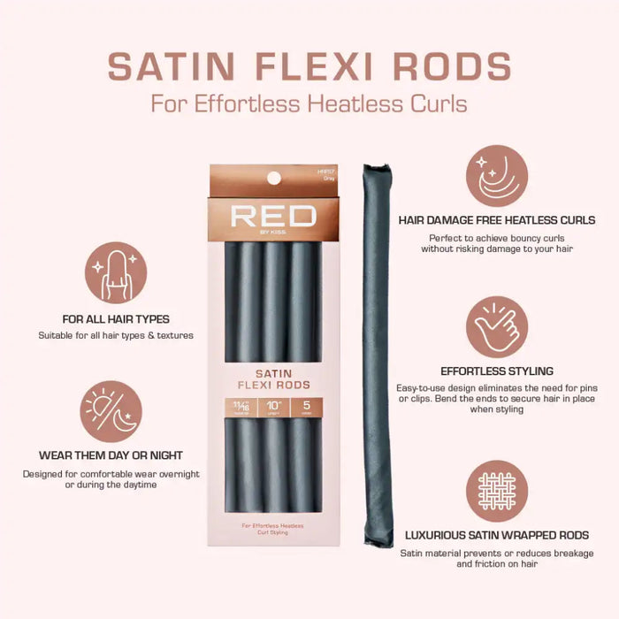 Red by Kiss satin flexi rods gray flexible foam curling rollers pack for heatless curls