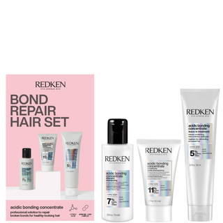 Redken Acidic Bonding Concentrate Discovery Set includes bond repair pre treatment shampoo and conditioner to strengthen damaged hair reduce breakage improve smoothness protect colour and restore healthier looking hair with citric acid technology