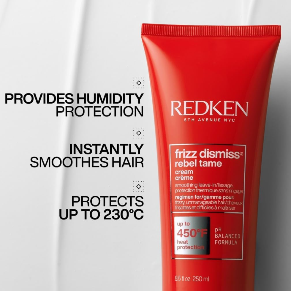 Redken Frizz Dismiss Rebel Tame 250ml heat protection smoothing cream with Babassu oil helps tame frizz hydrate hair improve manageability add shine and protect hair during styling for smooth polished results
