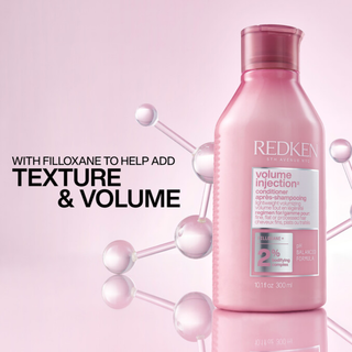 Redken Volume Injection Conditioner 300ml lightweight volumising conditioner with Filloxane adds body fullness root lift softness shine and movement to fine flat and limp hair without weighing it down