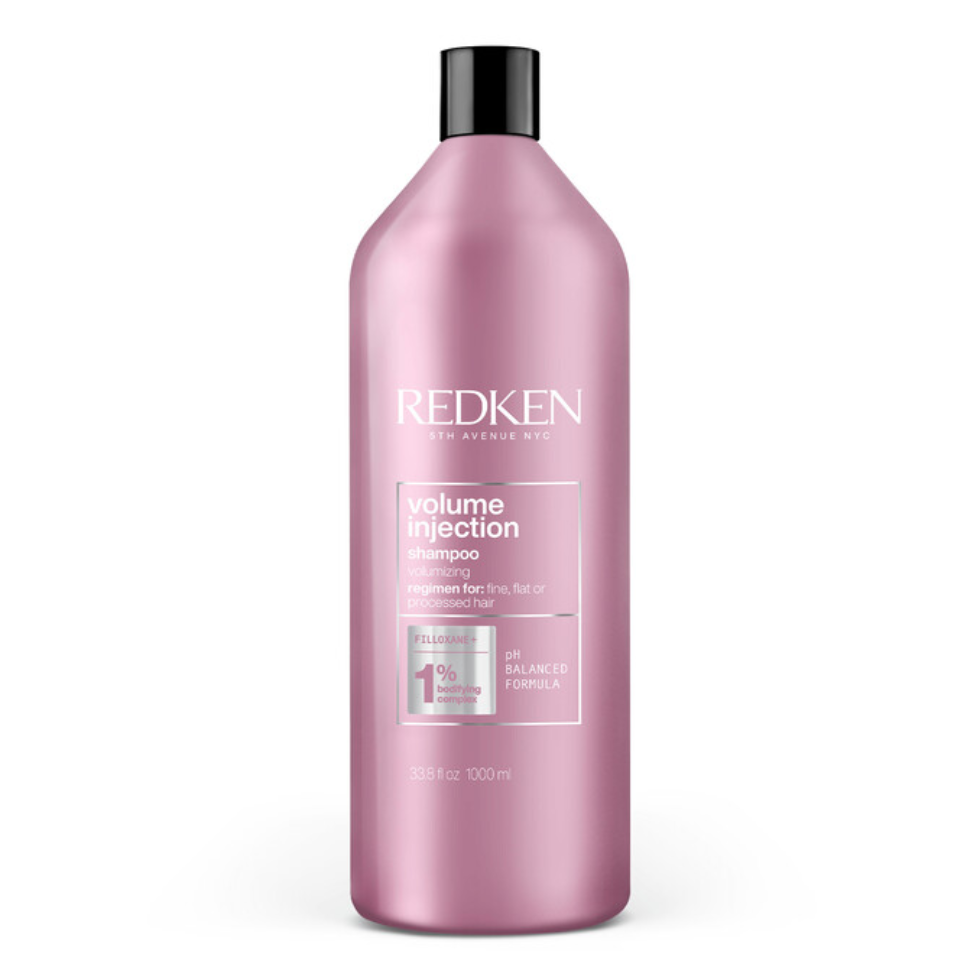 Redken Volume Injection Shampoo 1000ml lightweight volumising shampoo with Filloxane gently cleanses removes excess oil adds body root lift fullness shine and movement to fine flat and limp hair for thicker looking results