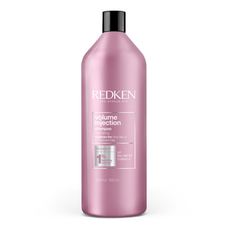 Redken Volume Injection Shampoo 1000ml lightweight volumising shampoo with Filloxane gently cleanses removes excess oil adds body root lift fullness shine and movement to fine flat and limp hair for thicker looking results
