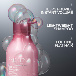Redken Volume Injection Shampoo 1000ml lightweight volumising shampoo with Filloxane gently cleanses removes excess oil adds body root lift fullness shine and movement to fine flat and limp hair for thicker looking results