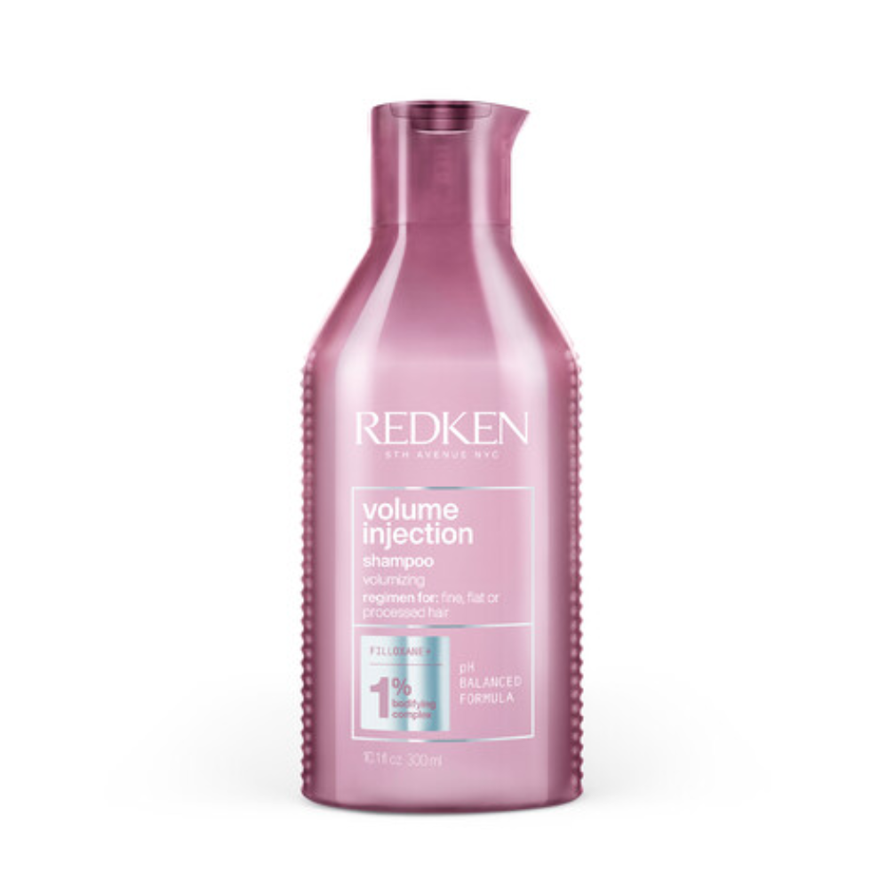 Redken Volume Injection Shampoo 300ml lightweight volumising shampoo with Filloxane gently cleanses removes excess oil adds body root lift fullness shine and movement to fine flat and limp hair for thicker looking results