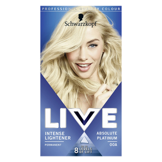 Schwarzkopf LIVE 00A absolute platinum permanent blonde hair dye for vibrant icy platinum color and glossy shine
