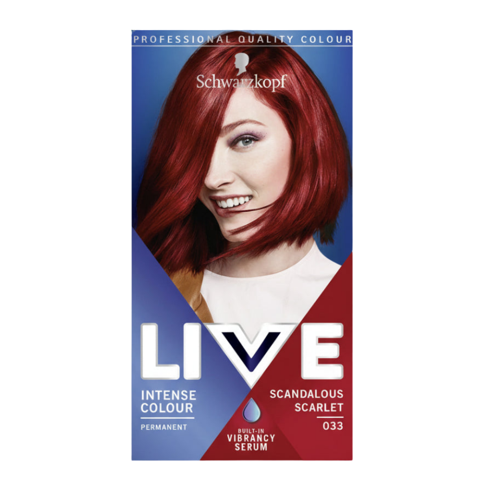 Schwarzkopf LIVE 033 scandalous scarlet permanent red hair dye for vibrant bold color and glossy salon shine
