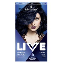 Schwarzkopf LIVE 090 cosmic blue permanent hair dye for vibrant bold blue color and glossy salon shine