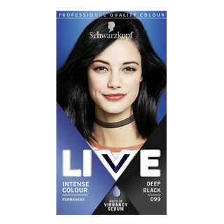 Schwarzkopf LIVE 099 deep black permanent hair dye for intense black color and glossy salon shine